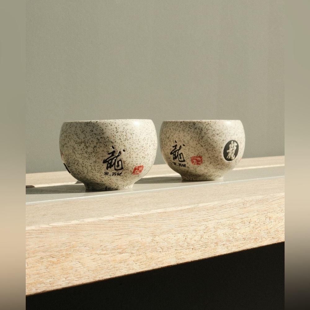 Ancient Japanese Speckled Ceramic Asian Tea Cup Vintage Rare Set of 4